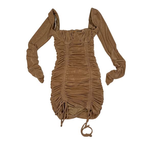 Club L - Ruched Long Sleeve Mini Dress in Gold - Picture 1 of 3